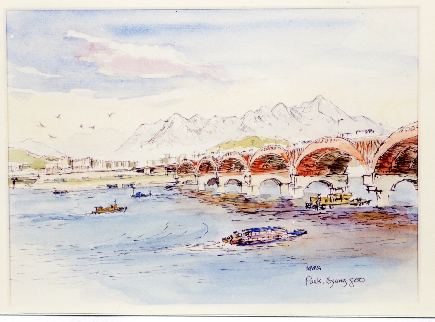 본문 이미지 - 박병주, '서울특별시 도시경관 특징 기록화 (성산대교와 주변의 경관)', 1995, 종이에 펜,수채, 25&times;34cm, 서울시립미술관 소장 (서울시립미술관 제공)