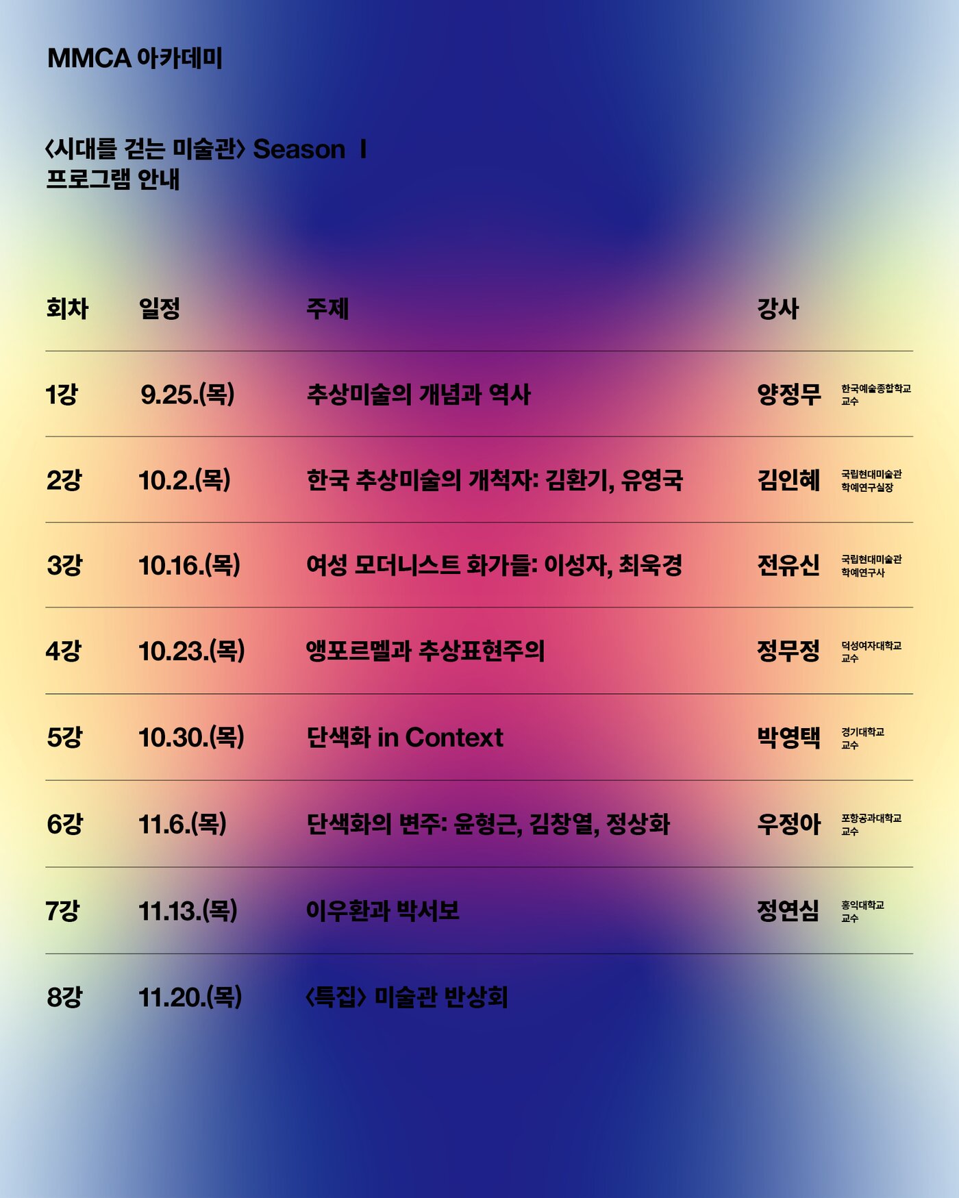 본문 이미지 - 'MMCA아카데미-시대를 걷는 미술관' 시즌1 일정 (국립현대미술관 제공)