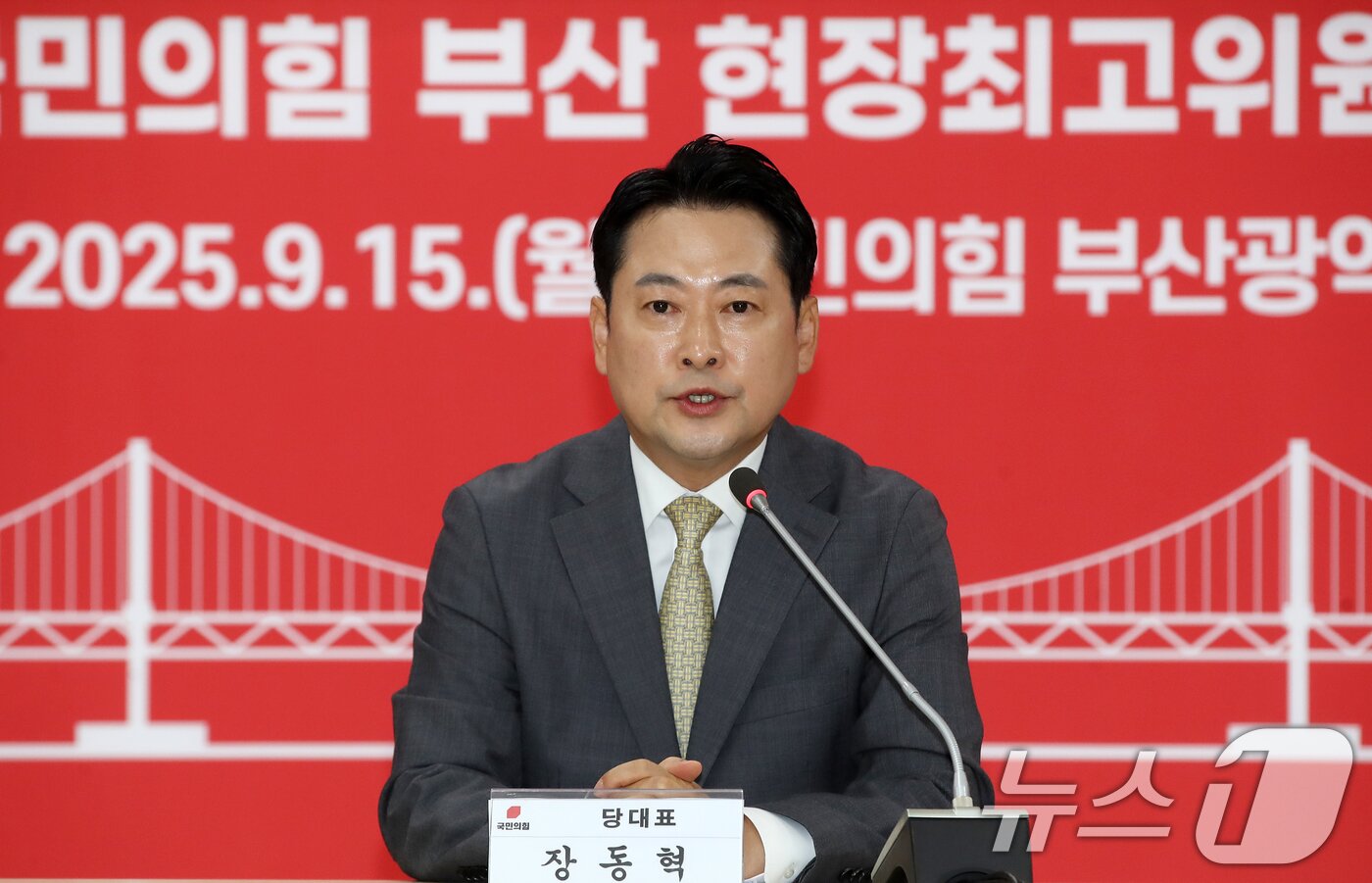 본문 이미지 - 장동혁 국민의힘 대표가 15일 오전 부산 수영구 국민의힘 부산시당에서 열린 현장 최고위원회의에서 발언하고 있다. 2025.9.15/뉴스1 ⓒ News1 윤일지 기자