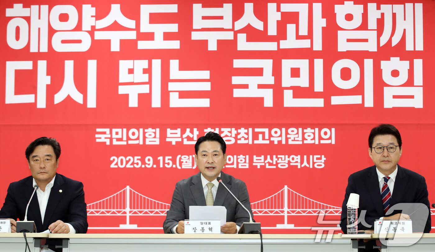 본문 이미지 - 장동혁 국민의힘 대표가 9월 15일 오전 부산 수영구 국민의힘 부산시당에서 열린 현장 최고위원회의에서 발언하고 있다. 2025.9.15/뉴스1 ⓒ News1 윤일지 기자