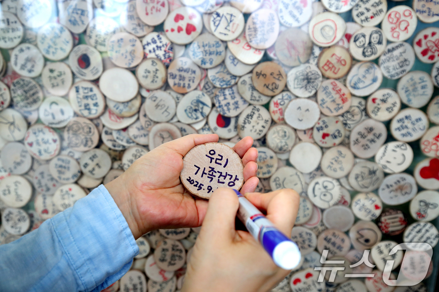 (대구=뉴스1) 공정식 기자 = 15일 대구 수성구 무료 식물원 '생각을 담는 정원'을 찾은 시민이 가족건강을 기원하는 소망을 나무토막에 적고 있다. 관리소 측은 간절한 소망이나 …