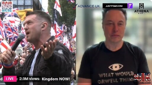 본문 이미지 - 영국 극우집회에서 화상 연설하는 머스크&#40;오른쪽&#41; 2025.09.13.