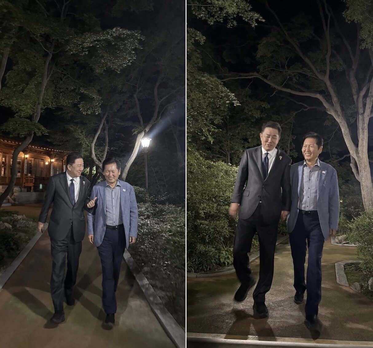 본문 이미지 - 정청래 더불어민주당 대표가 15일 SNS에 게재한 김병기 원내대표와의 사진. 전날&#40;14일&#41; 총리공관에서 열린 당정대 만찬에서 촬영된 것으로, 두 사람이 웃으며 걷는 모습이 담겼다. &#40;정청래 대표 페이스북 갈무리&#41;