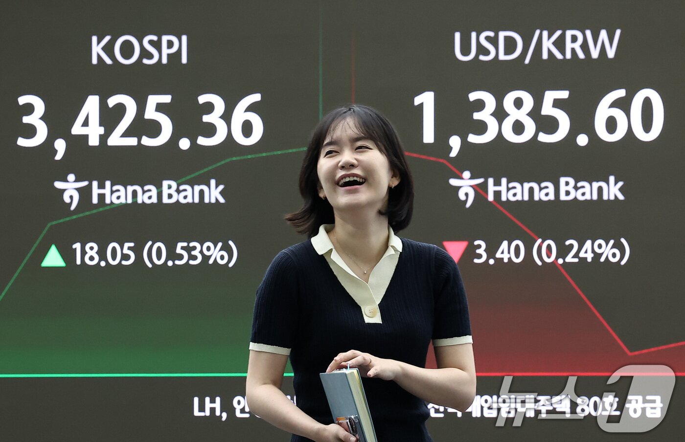 본문 이미지 - 16일 오전 서울 중구 하나은행 딜링룸 전광판에 개장 시황이 나오고 있다.  2025.9.16/뉴스1 ⓒ News1 김성진 기자