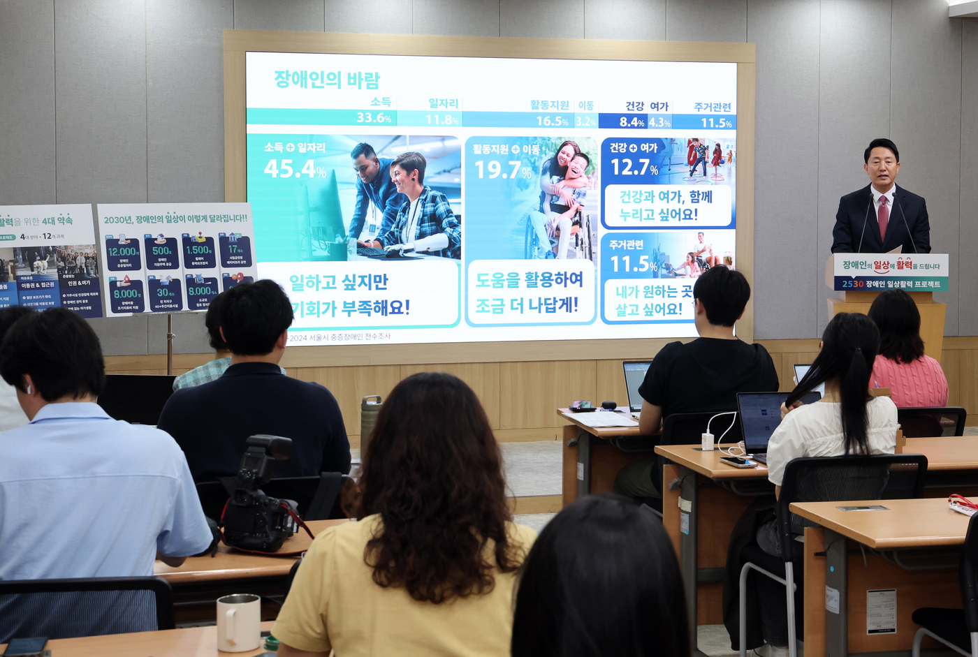 (서울=뉴스1) 황기선 기자 = 오세훈 서울시장이 16일 오전 서울시청 브리핑룸에서 '2530 장애인 일상활력 프로젝트'를 발표하고 있다.서울시는 일자리, 주거·돌봄, 이동·접근, …