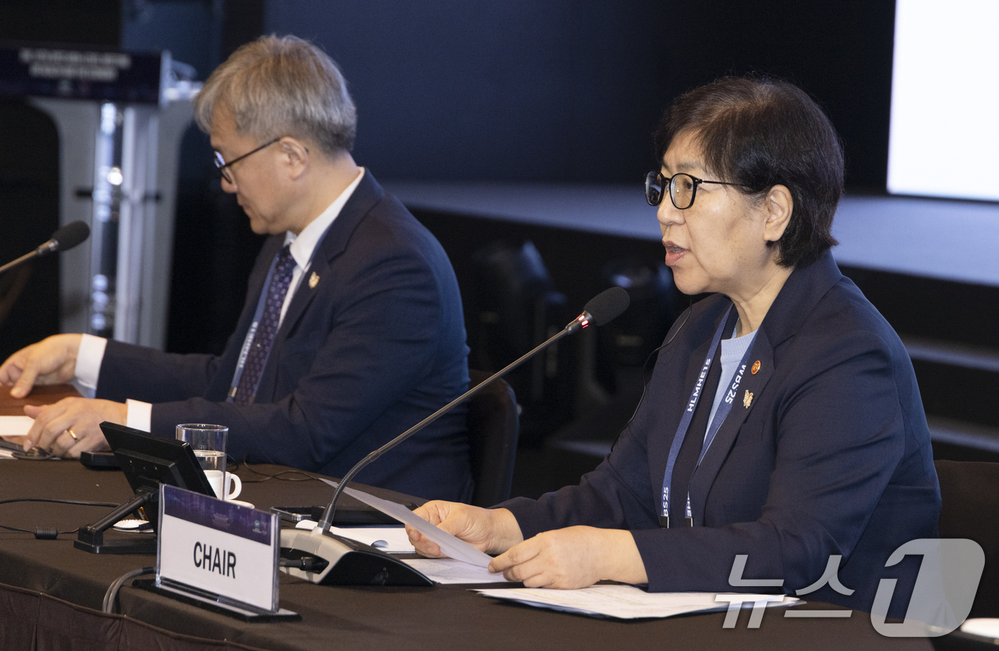(서울=뉴스1) = 정은경 보건복지부 장관이 16일 서울 중구 서울신라호텔에서 열린 2025 APEC 보건과경제 고위급회의 개막식에서 개회사를 하고 있다. (보건복지부 제공. 재판 …