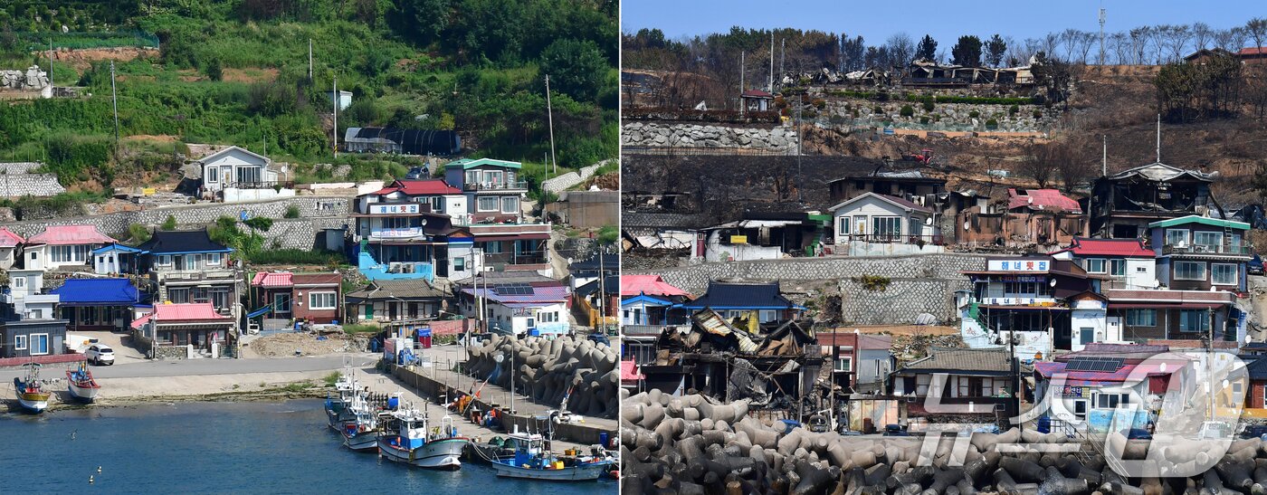 본문 이미지 - 산불 피해를 입은 경북 영덕군 영덕읍 노물리 마을의 불에 탄 주택들이 철거된 후 서서히 원래 모습을 찾아가고 있다. 노물리는 정부의 제7차 전력 수급계획에 따라 150만kW급 신규 원전 2기 건설을 추진했던 곳이다. (사진 오른쪽이 불에 탄 마을 모습) 뉴스1 자료 및 DB금지) 2026.1.27/뉴스1 ⓒ News1 최창호 기자