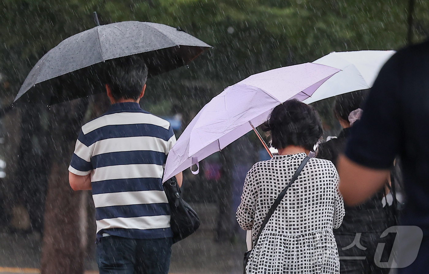 (서울=뉴스1) 김성진 기자 = 비가 쏟아지는 16일 서울 중구 을지로입구역 인근에서 시민들이 우산을 쓰고 이동하고 있다. 2025.9.16/뉴스1