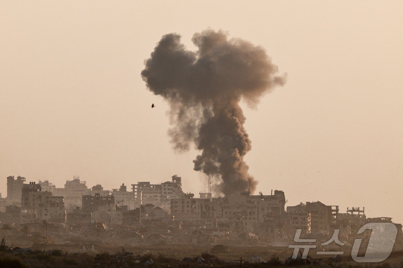 본문 이미지 - 16일&#40;현지시간&#41; 가자지구에서 폭발 뒤 연기가 피어오르고 있다. 이스라엘이 이날 가자지구 최대 도시인 가자시티에 지상군을 투입해 20명 이상이 숨지고 수십 명이 다쳤다. 2025.09.16. ⓒ 로이터=뉴스1 ⓒ News1 윤다정 기자