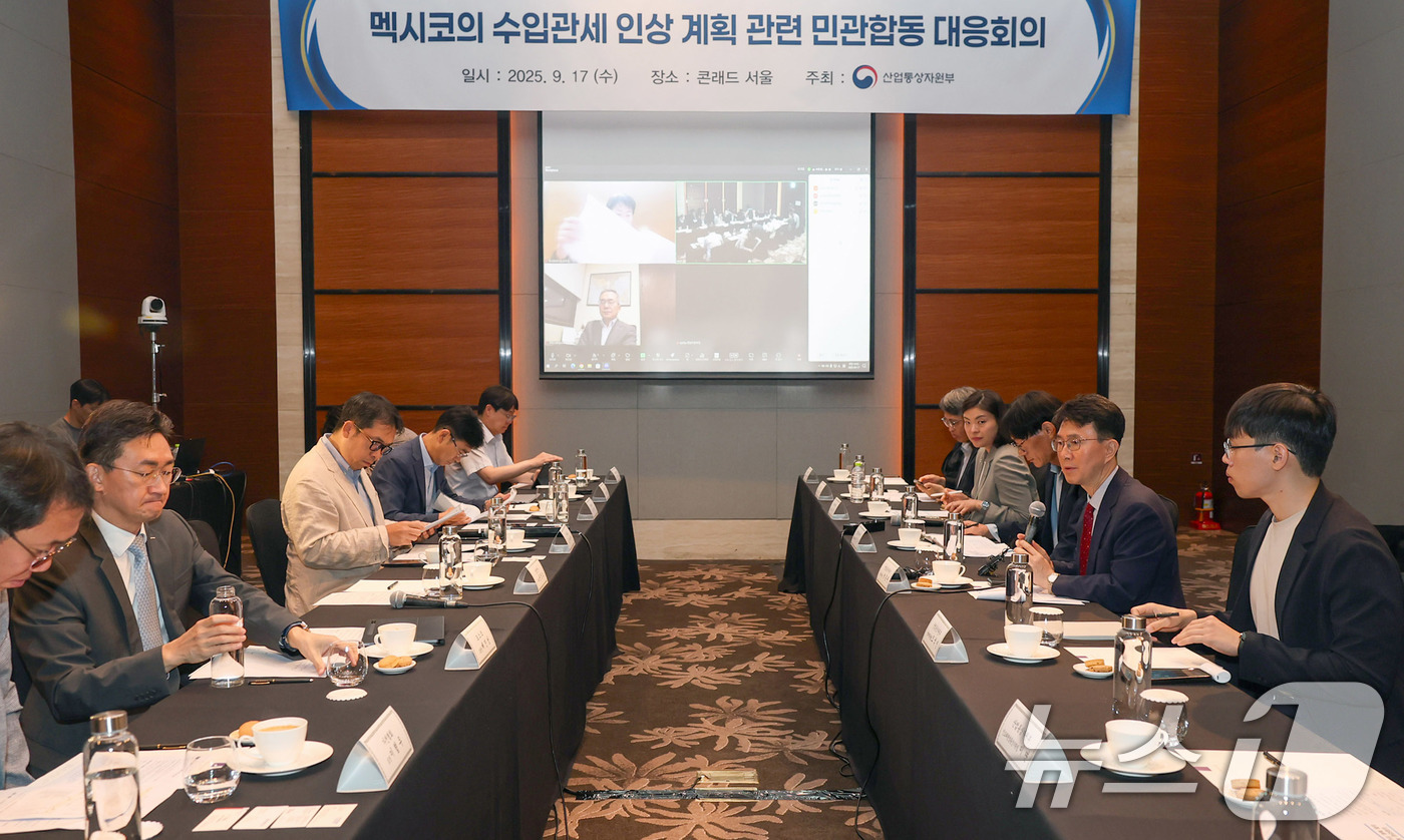 (서울=뉴스1) = 박종원 산업통상자원부 통상차관보가 17일 서울 영등포구 콘래드호텔에서 열린 '멕시코 수입관세 인상 계획 관련 민·관 함동 점검회의'에 참석해 인사말을 하고 있다 …