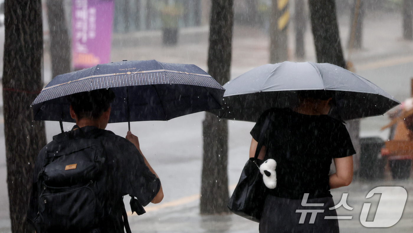 (전주=뉴스1) 유경석 기자 = 17일 전북 전주시 효자로에서 우산을 쓴 시민들이 발걸음을 재촉하고 있다. 2025.9.17/뉴스1