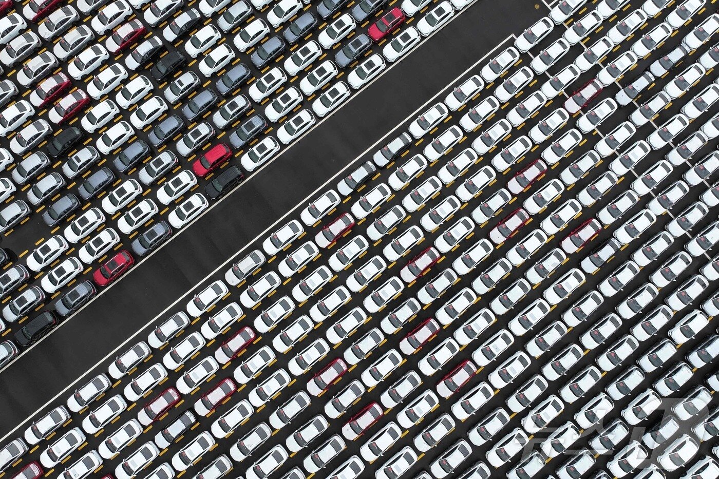 본문 이미지 - 수출을 위해 중국 동부 장쑤성 롄윈강의 항구에 주차된 중국산 자동차들. 2025.9.17 ⓒ AFP=뉴스1 ⓒ News1 강민경 기자