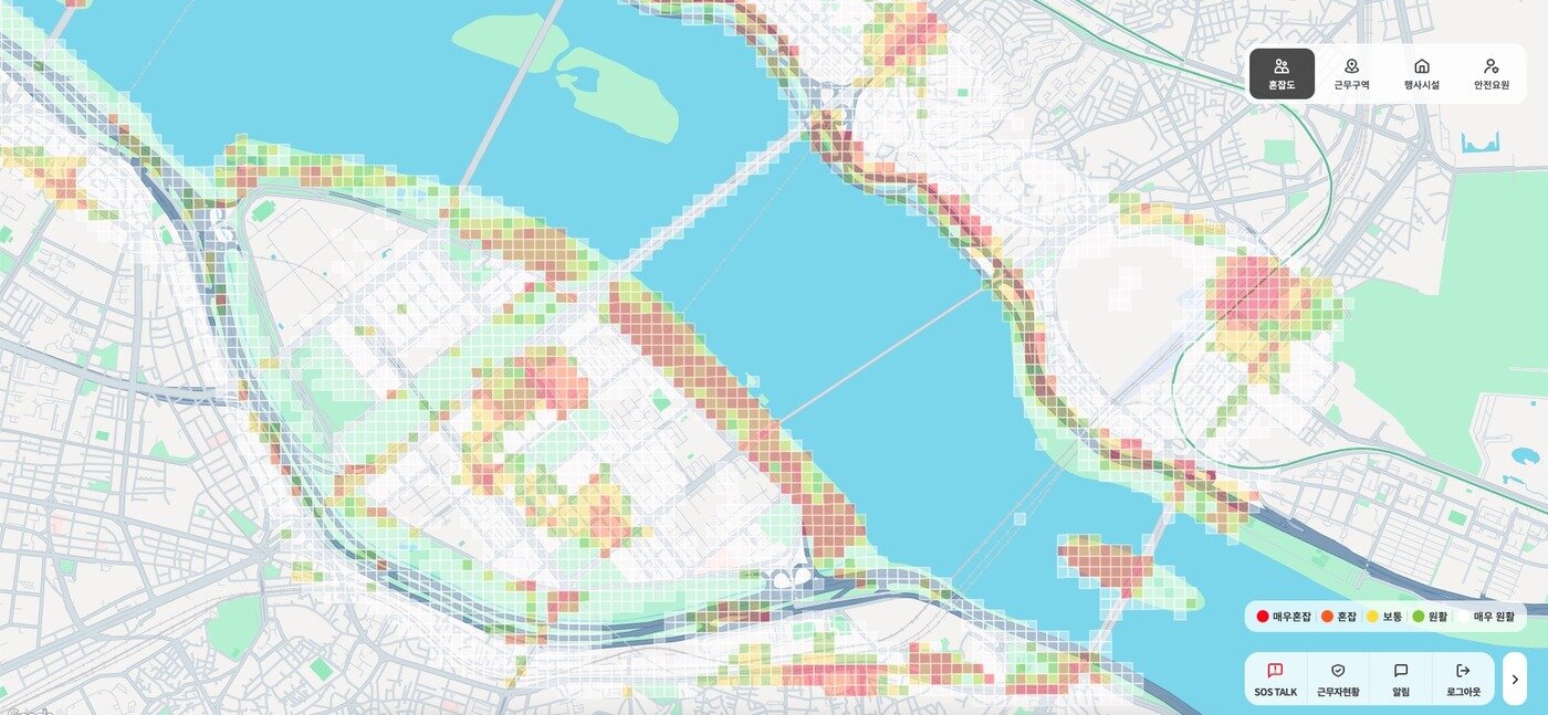 본문 이미지 - 통신사 데이터를 기반으로 혼잡도를 시각화한 스마트 안전관리 시스템 '오렌지세이프티'. (한화 제공)