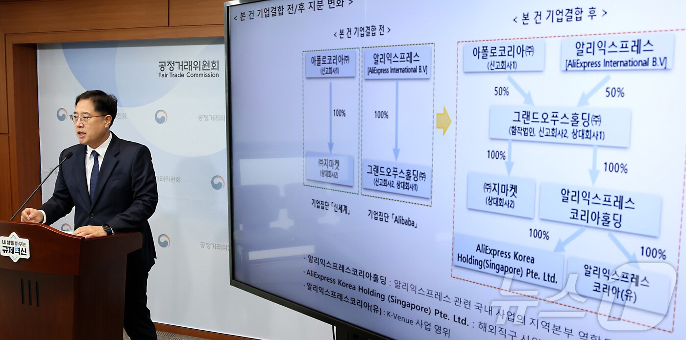 본문 이미지 - 이병건 공정거래위원회 기업거래결합심사 국장이 18일 세종시 정부세종청사에서 기업집단 신세계와 알리바바 그룹이 합작회사를 설립해 지마켓과 알리익스프레스코리아를 공동으로 지배하는 기업결합 심사 결과를 발표하고 있다. 2025.9.18/뉴스1 ⓒ News1 김기남 기자