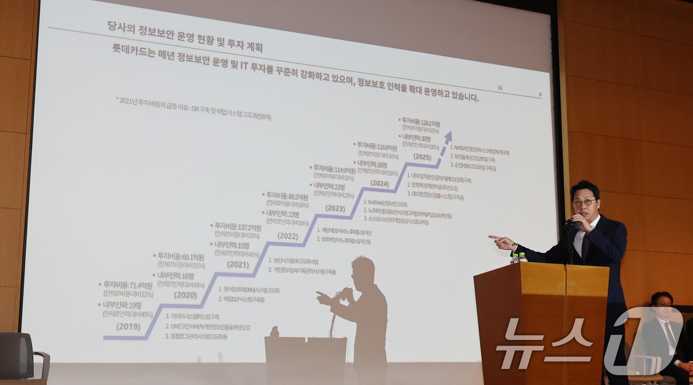 본문 이미지 - 조좌진 롯데카드 대표이사가 18일 서울 중구 부영태평빌딩 컨벤션홀에서 열린 언론 브리핑에서 취재진 질문에 답하고 있다. 2025.9.18/뉴스1 ⓒ News1 박지혜 기자