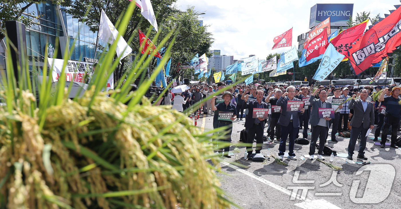 (서울=뉴스1) 김성진 기자 = 전국농민회총연맹 관계자들이 18일 서울 용산구 서울역 앞에서 열린 수확기 쌀값 보장 전국 농민대회에서 손피켓을 들고 구호를 외치고 있다. 2025. …