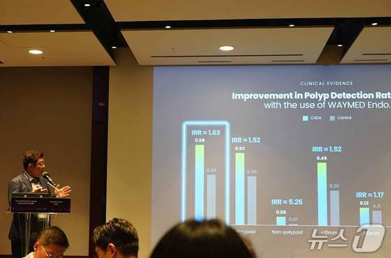 본문 이미지 - 16일 서울 중구 신라호텔에서 열린 세계바이오서밋에서 김경남 대표가 발표를 하고 있다. &#40;웨이센 제공&#41; 
