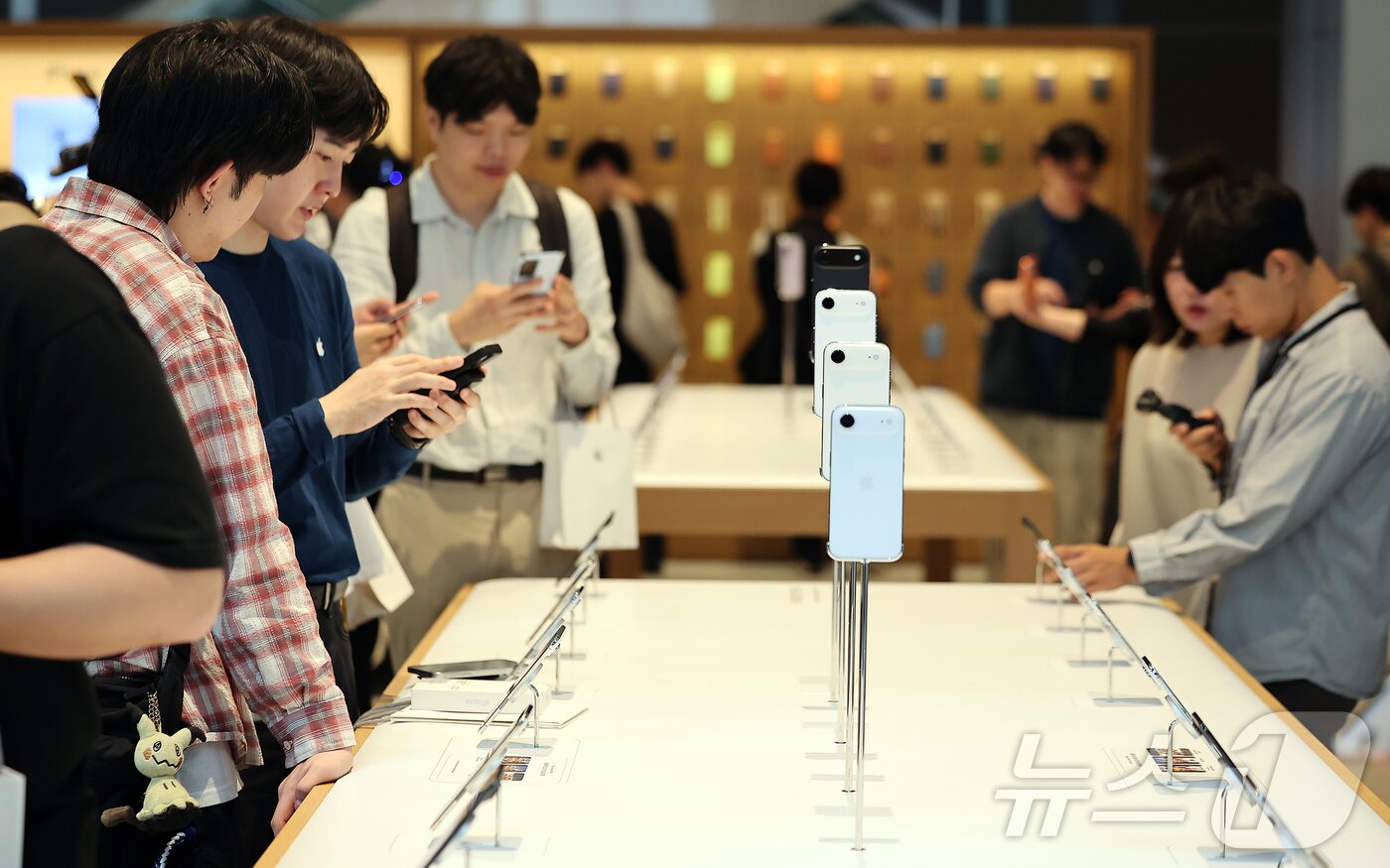 본문 이미지 - 19일 오전 서울 중구 명동 애플스토어에서 한 시민이 이날 출시된 애플의 스마트폰 &#39;아이폰17&#39; 제품을 살펴보고 있다. 2025.9.19/뉴스1 ⓒ News1 김진환 기자