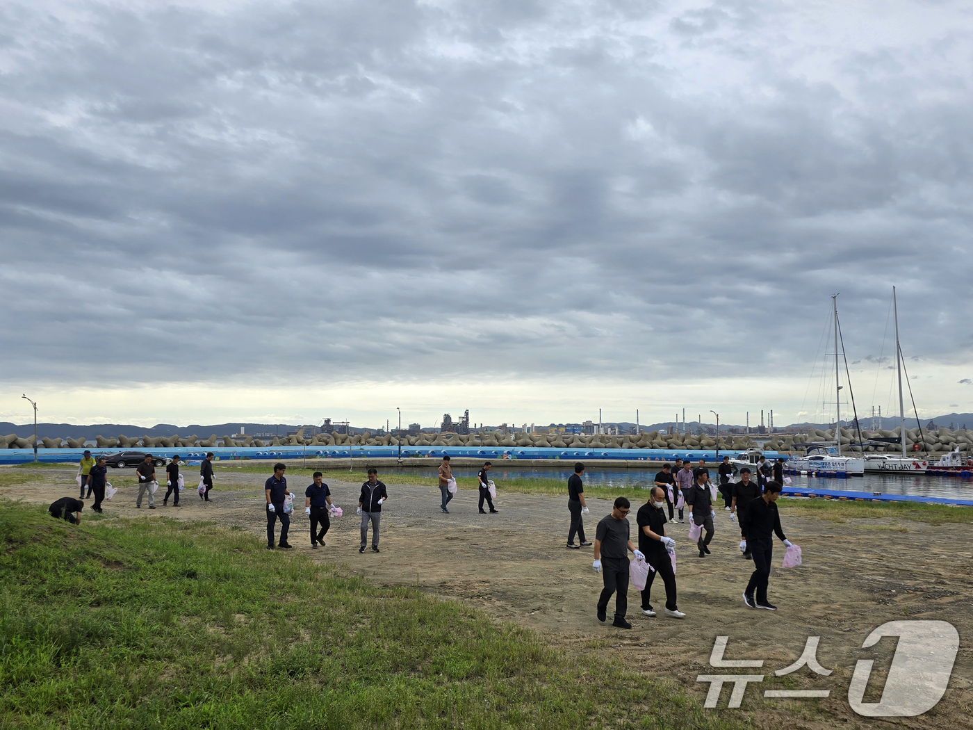 (포항=뉴스1) 최창호 기자 = 19일 현대자동차 포항하이테크센터와 블루핸즈 지역 대표들이 영일대해수욕장에서 플로깅 캠페인을 진행하고 있다. (현대자동차 블루핸즈 제공, 재판매 및 …