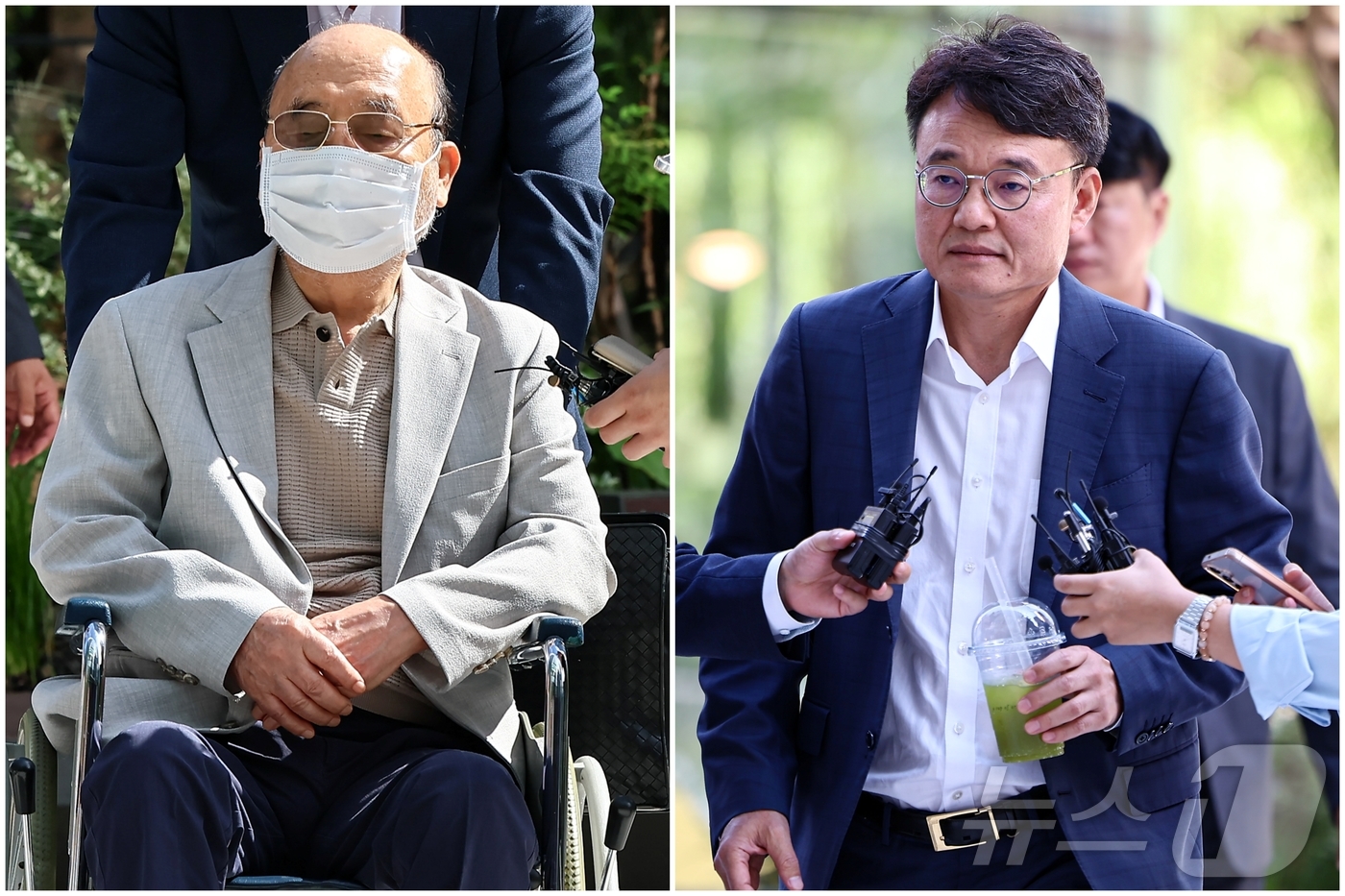 (서울=뉴스1) 김도우 기자 = 이봉관 서희건설 회장과(왼쪽) 맏사위인 박성근 전 국무총리 비서실장이 2일 서울 종로구 광화문에 마련된 김건희 특검팀 사무실에 조사를 위해 출석하고 …