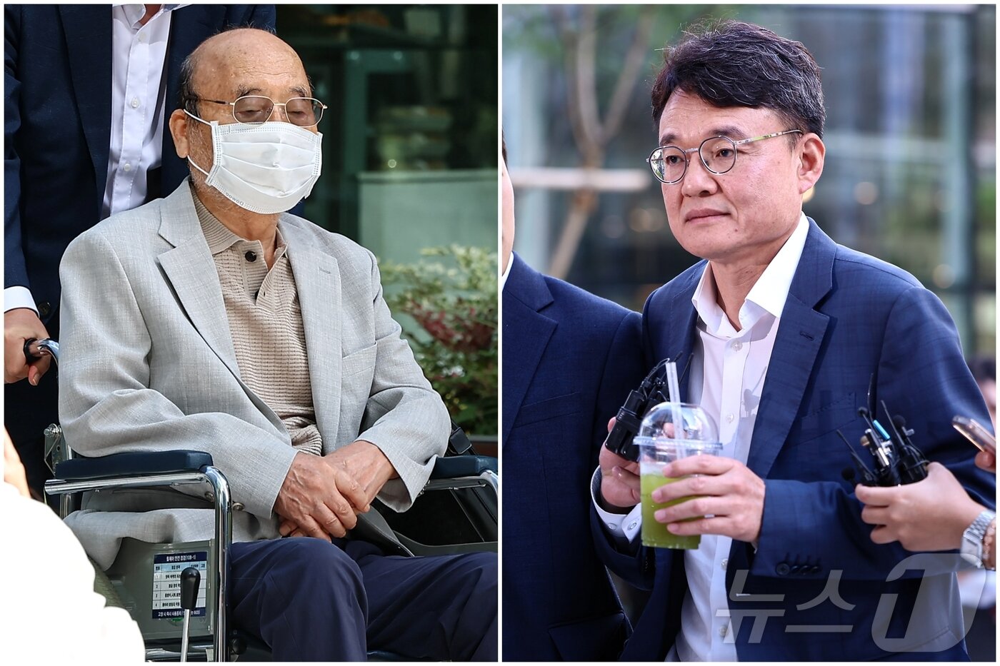 본문 이미지 - 이봉관 서희건설 회장과(왼쪽) 맏사위인 박성근 전 국무총리 비서실장이 2일 서울 종로구 광화문에 마련된 김건희 특검팀 사무실에 조사를 위해 출석하고 있다. 2025.9.2/뉴스1 ⓒ News1 김도우 기자