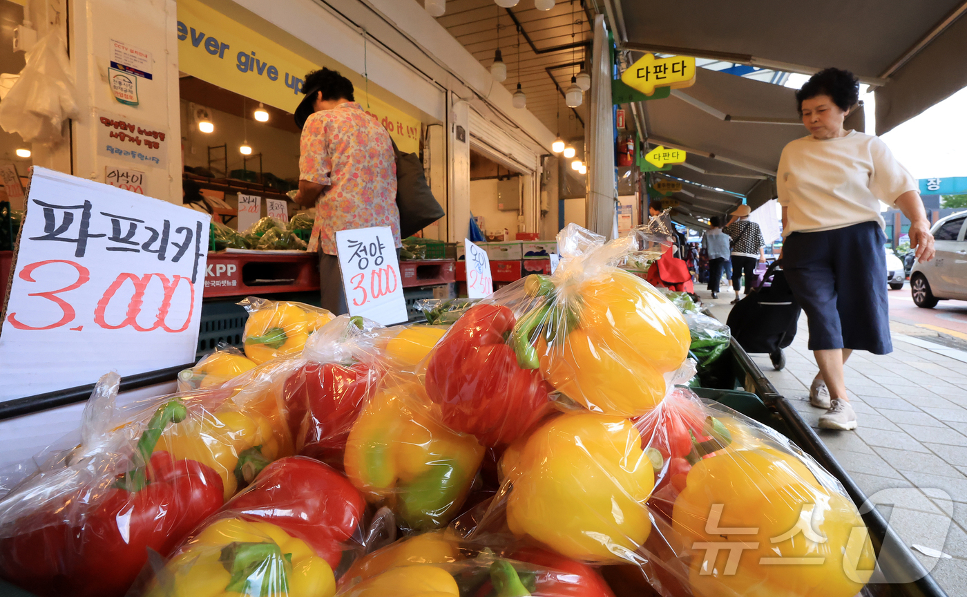 (서울=뉴스1) 김진환 기자 = 2일 서울 시내 한 전통시장에서 시민이 채소를 고르고 있다.통계청이 이날 발표한 '8월 소비자물가동향'에 따르면 지난 달 소비자물가지수는 116.4 …