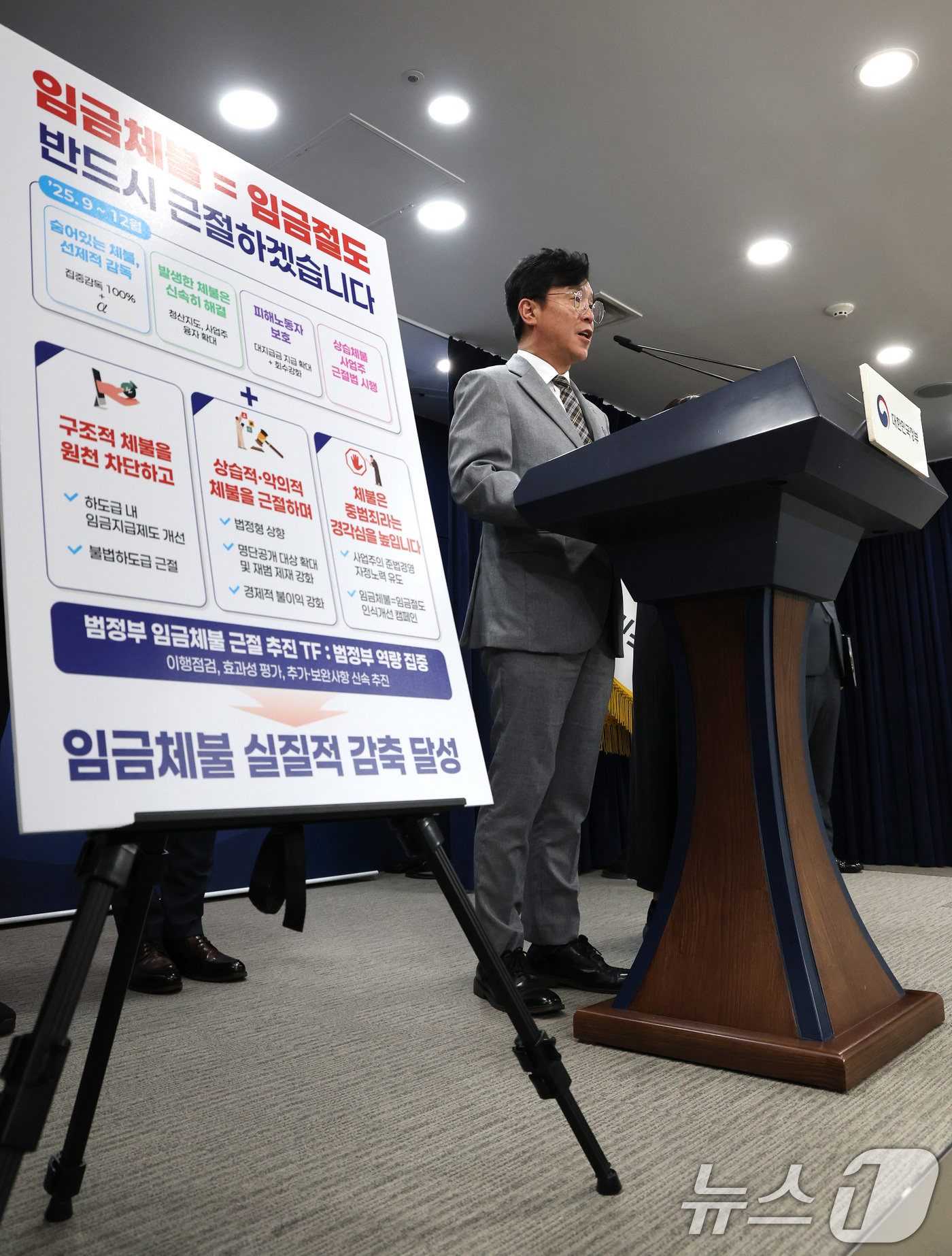 (서울=뉴스1) 임세영 기자 = 김영훈 고용노동부 장관이 2일 오후 서울 종로구 정부서울청사에서 임금체불 근절 대책을 발표하고 있다. 2025.9.2/뉴스1