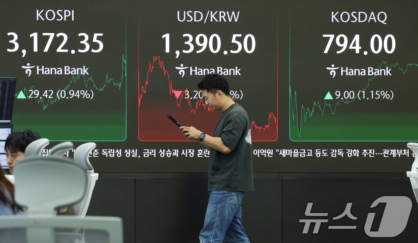 (서울=뉴스1) 오대일 기자 = 코스피가 외국인 매수세로 상승 마감한 2일  오후 서울 중구 하나은행 본점 딜링룸 전광판에 코스피 종가가 표시되고 있다. 이날 코스피는 전 거래일 …