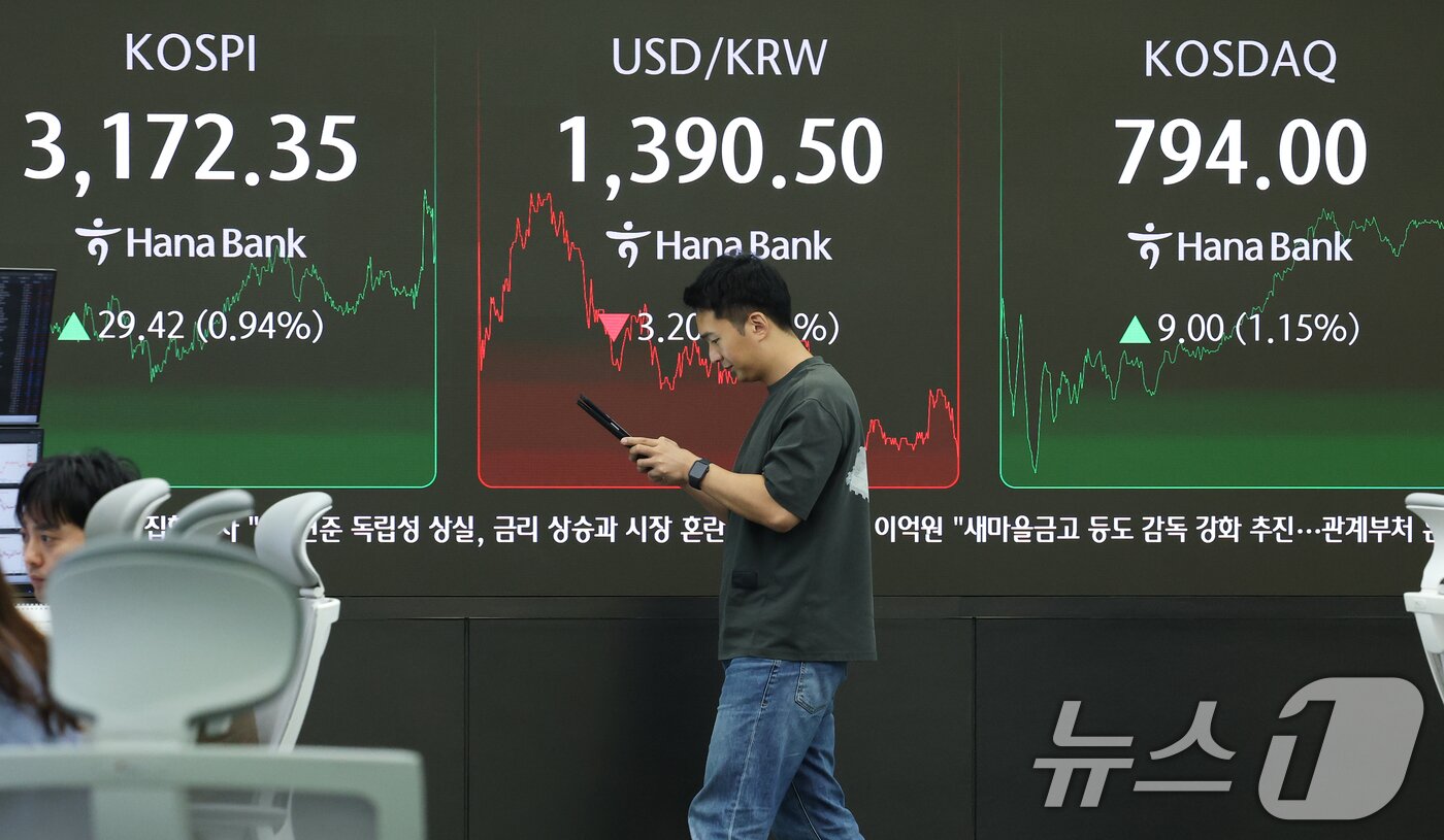 본문 이미지 - 코스피가 외국인 매수세로 상승 마감한 2일 오후 서울 중구 하나은행 본점 딜링룸 전광판에 코스피 종가가 표시되고 있다. 이날 코스피는 전 거래일 대비 29.42포인트&#40;0.94%&#41; 상승한 3172.35, 코스닥은 9.00포인트&#40;1.15%&#41; 오른 794.00으로 장을 마쳤다. 2025.9.2/뉴스1 ⓒ News1 오대일 기자