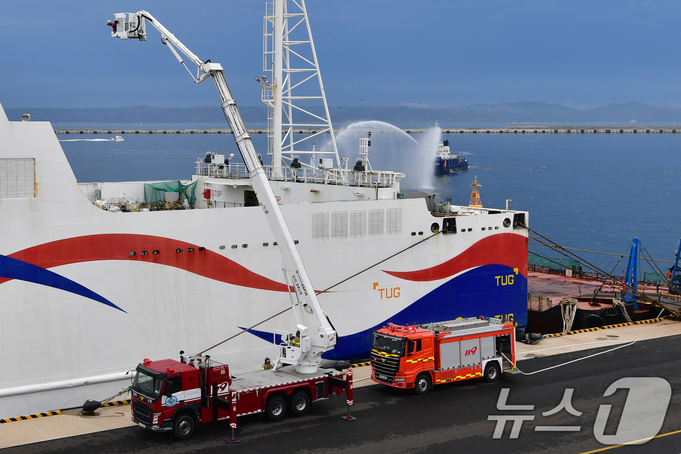 (포항=뉴스1) 최창호 기자 = 'APEC 2025 정상회의' 개최를 앞둔 2일 오후 경북 포항시 북구 영일만항에서 실시된 크루즈선 화재 진화 및 해상 인명 구조훈련에서 119대원 …
