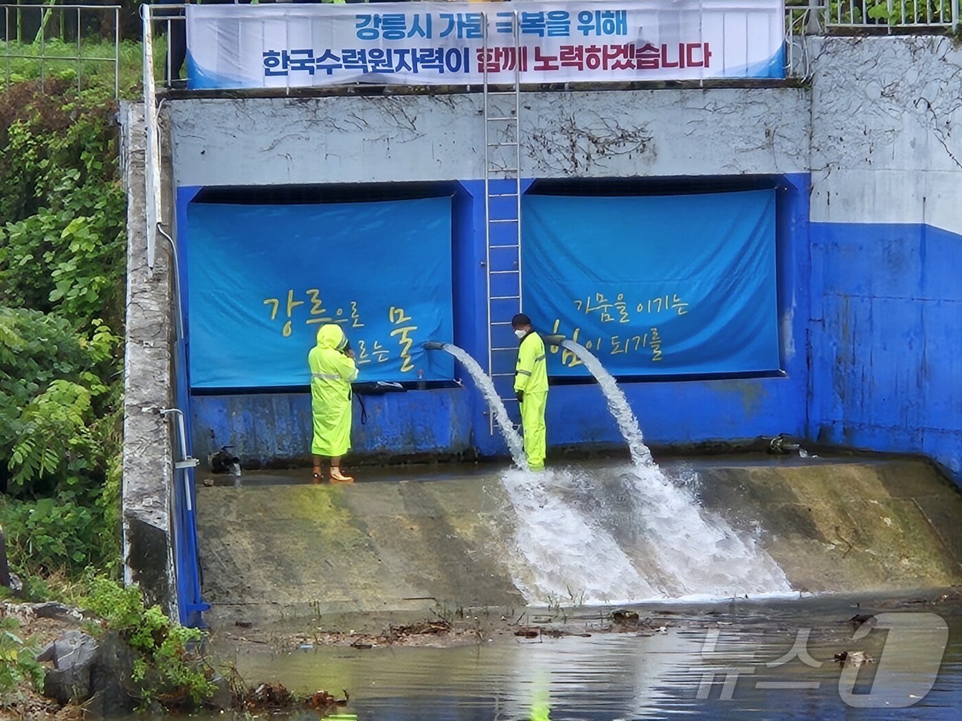 본문 이미지 - 지난 20일 강원 강릉시 성산면 오봉리 한국수력원자력 강릉수력발전소 방류구에서 도암댐 도수관로 저류수가 방류되고 있다.  2025.9.20/뉴스1 ⓒ News1 윤왕근 기자