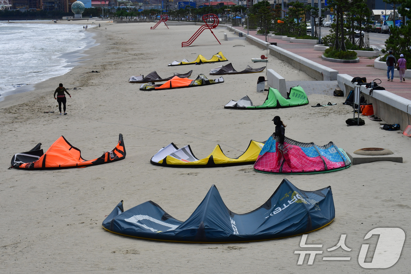 (포항=뉴스1) 최창호 기자 = 21일 경북 포항시 송도해수욕장에서 카이트보드 회원들이 가을 파도를 티기 위해 준비하고 있다. 2025.9.21/뉴스1