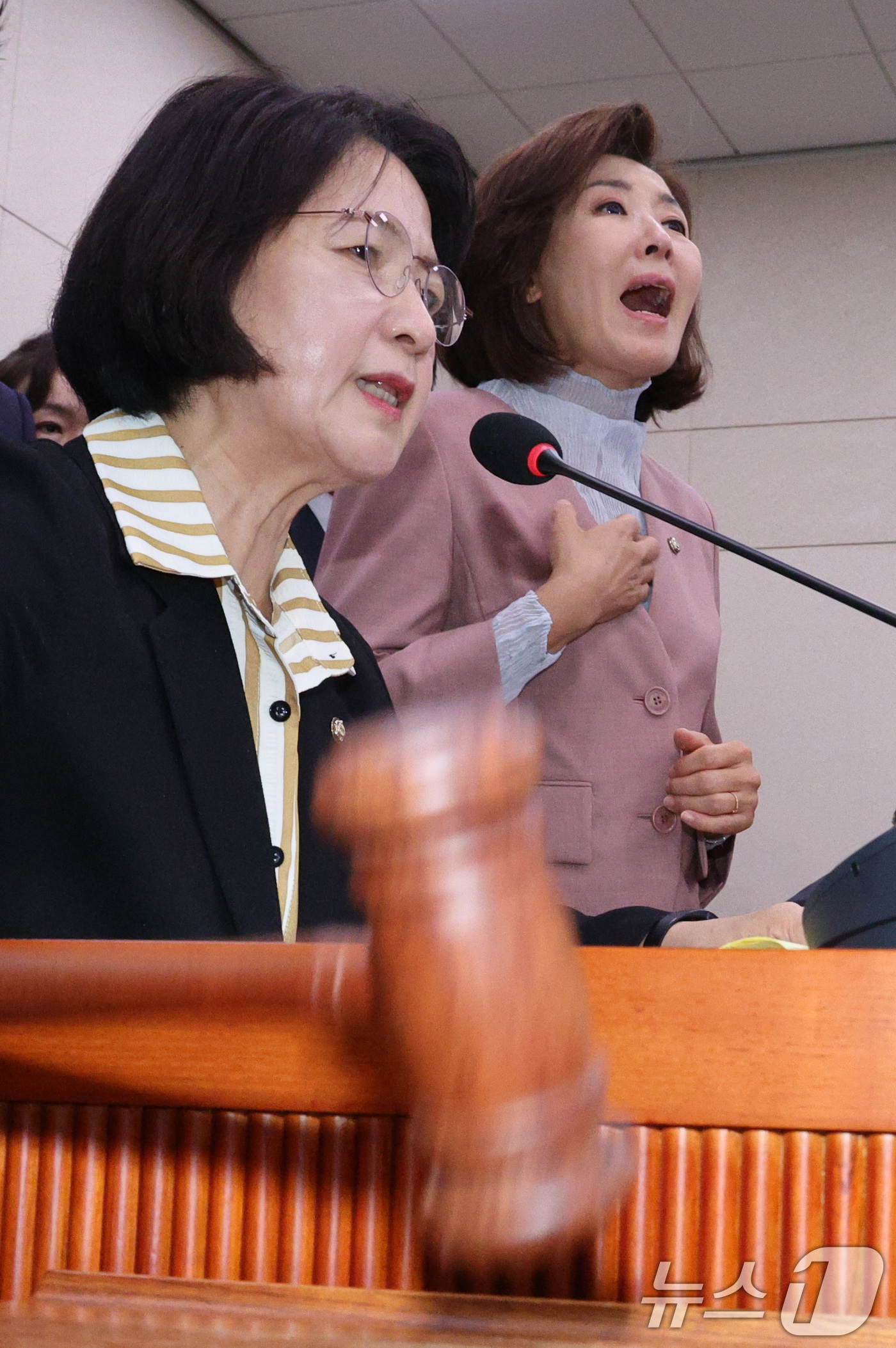 (서울=뉴스1) 신웅수 기자 = 나경원 국민의힘 의원이 22일 서울 여의도 국회 법제사법위원회에서 열린 검찰개혁 입법청문회에서 퇴장 명령을 한 추미애 위원장에게 항의하고 있다. 2 …