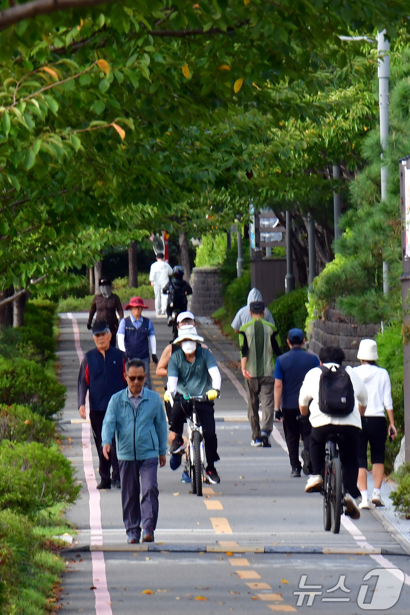 (포항=뉴스1) 최창호 기자 = 완연한 가을 날씨를 보인 23일 경북  포항시 남구 철길 숲에서 긴팔 차림의 시민들이 숲길을 따라 산책하고 있다.  2025.9.23/뉴스1