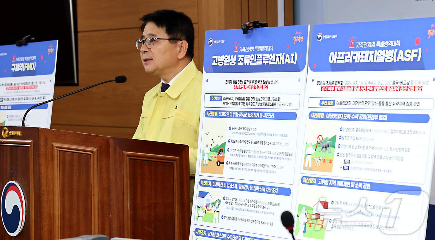 (세종=뉴스1) 김기남 기자 = 최정록 농림축산식품부 방역정책국장이 지난 23일 세종시 정부세종청사에서 2025-2026년 겨울철 가축전염병 특별방역대책을 발표하고 있다.농림축산식 …