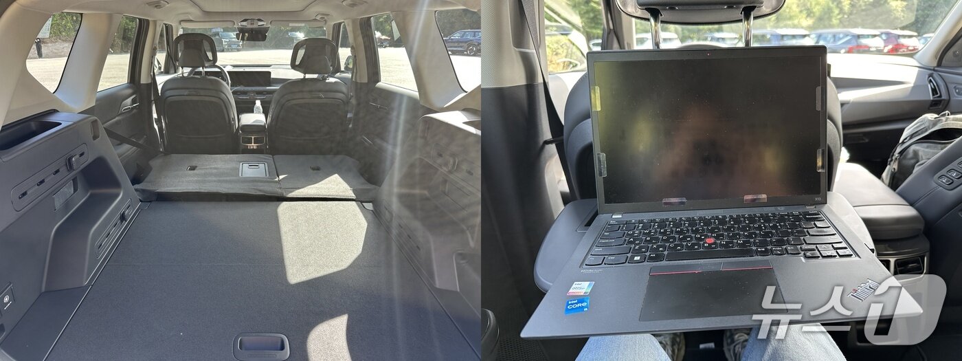 본문 이미지 -  EV5 2열 시트를 완전히 접은 모습&#40;왼쪽&#41;과 시트백 테이블에 노트북을 올려놓은 모습. 20225.09.23/뉴스1 이동희 기자