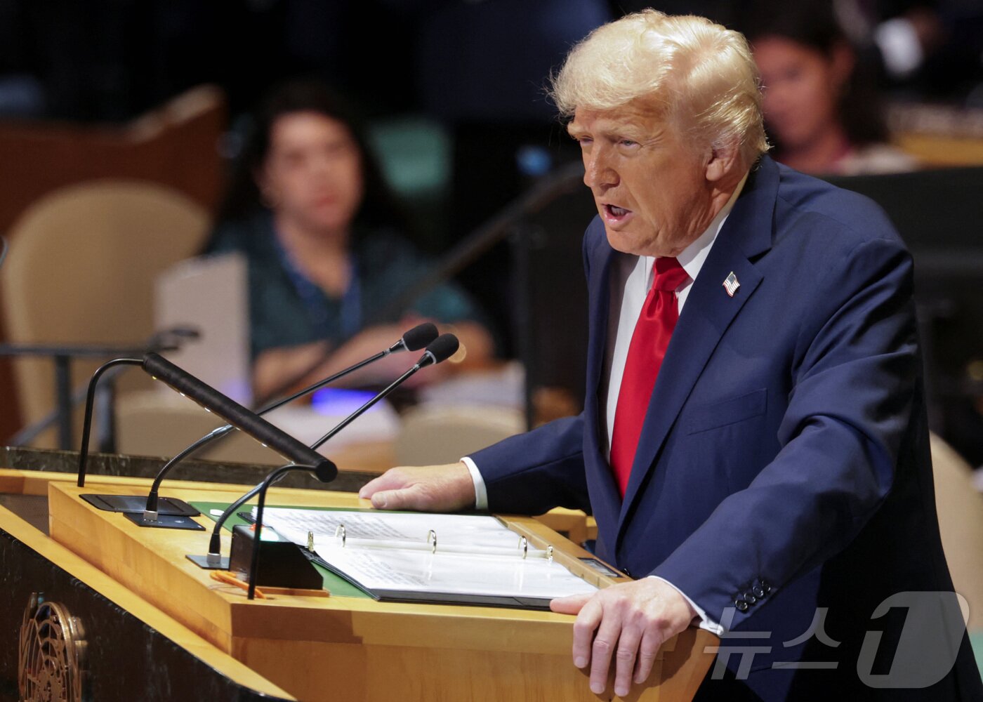 본문 이미지 - 트럼프 대통령의 제80차 유엔총회 연설. 2025.09.23 ⓒ 로이터=뉴스1 ⓒ News1 이지예 객원기자