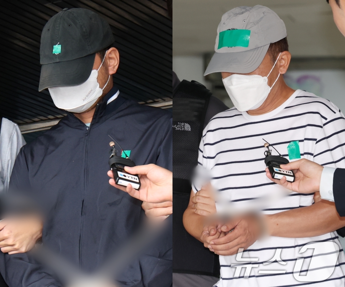 (수원=뉴스1) 김영운 기자 = 'KT무단결제 사건' 피의자인 A 씨(왼쪽)와 B 씨가 25일 경기 수원시 영통구 수원영통경찰서에서 나와 검찰로 구속 송치되고 있다.A 씨는 지난 …