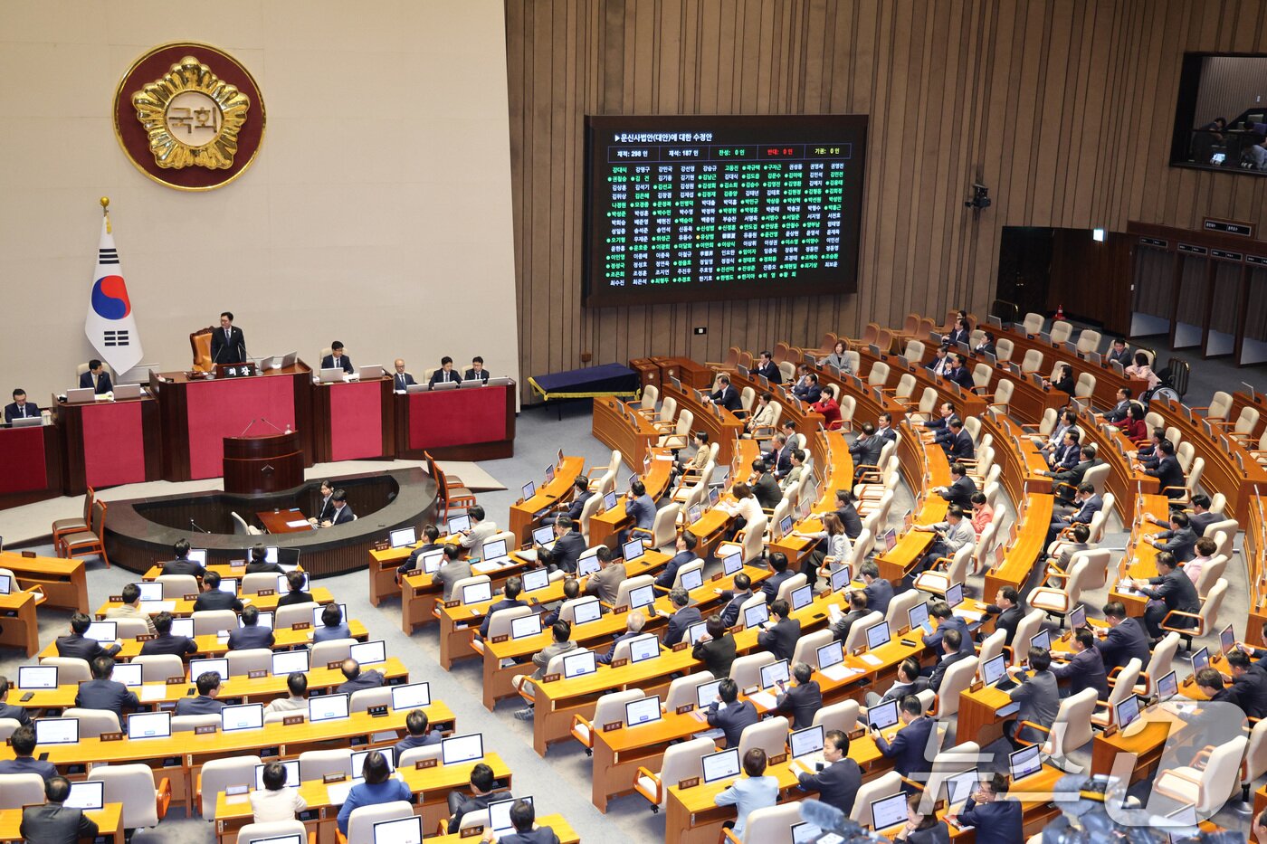 본문 이미지 - 25일 서울 여의도 국회에서 열린 제 429회 국회&#40;정기회&#41; 제9차 본회의에서 문신사법안&#40;대안&#41;이 통과되고 있다. 2025.9.25/뉴스1 ⓒ News1 신웅수 기자
