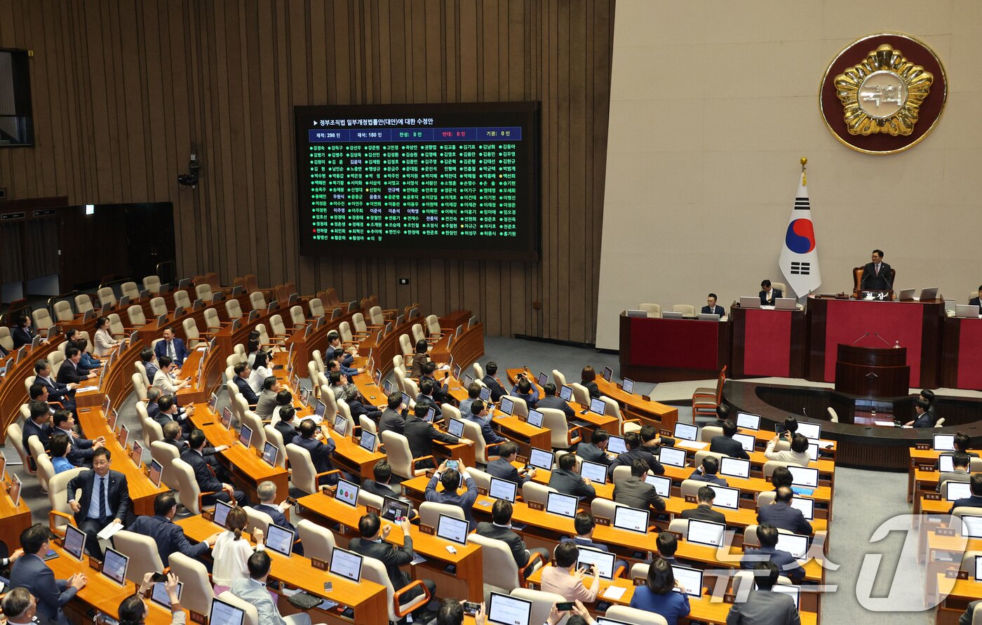 본문 이미지 - 26일 서울 여의도 국회에서 열린 제429회국회&#40;정기회&#41; 9차 본회의에서 검찰청 폐지를 골자로 한 정부조직법 개정안이 통과되고 있다. 2025.9.26/뉴스1 ⓒ News1 신웅수 기자