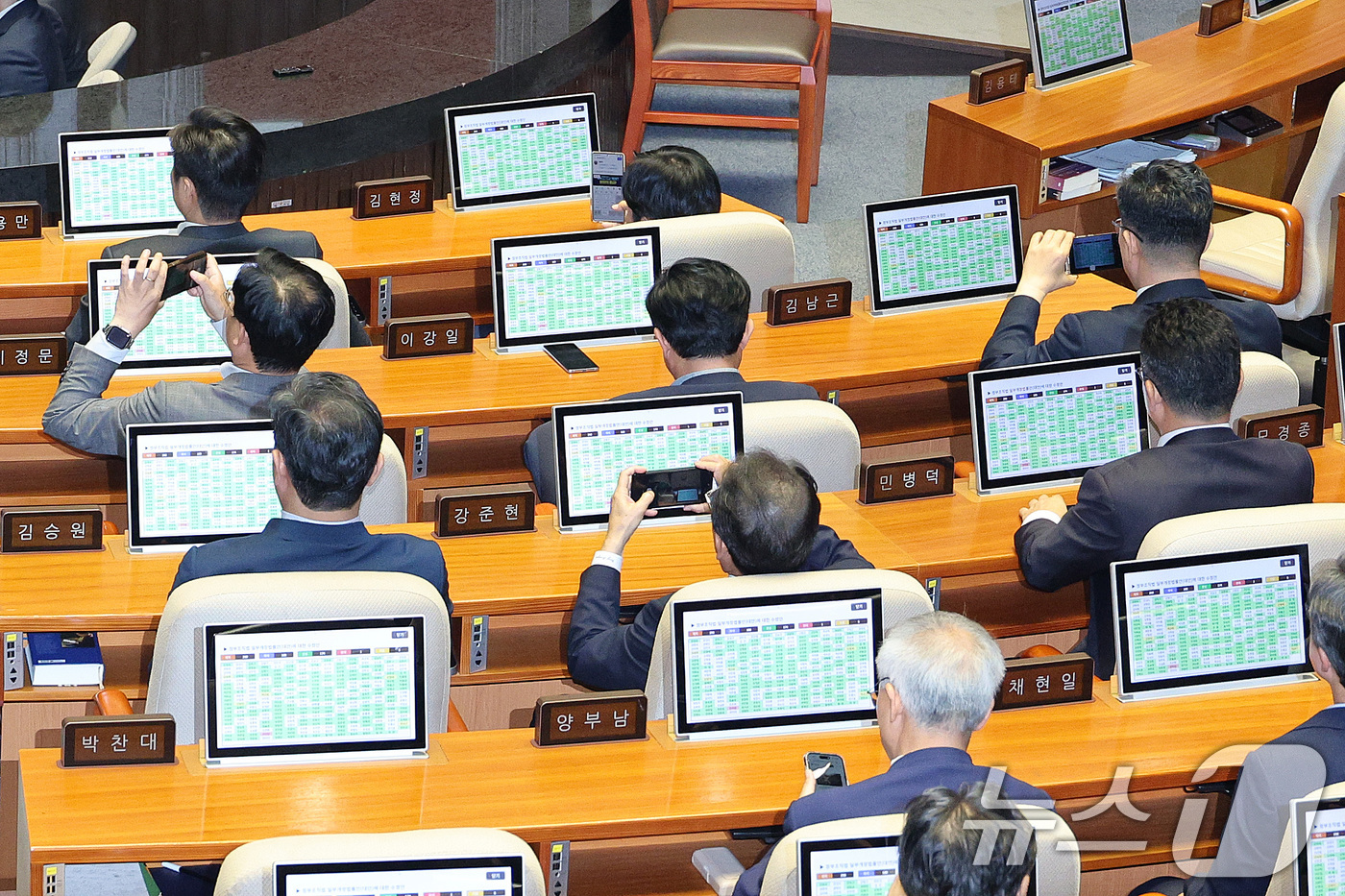 (서울=뉴스1) 신웅수 기자 = 26일 서울 여의도 국회에서 열린 제429회국회(정기회) 9차 본회의에서 검찰청 폐지를 골자로 한 정부조직법 개정안이 통과되자 의원들이 스마트폰으로 …