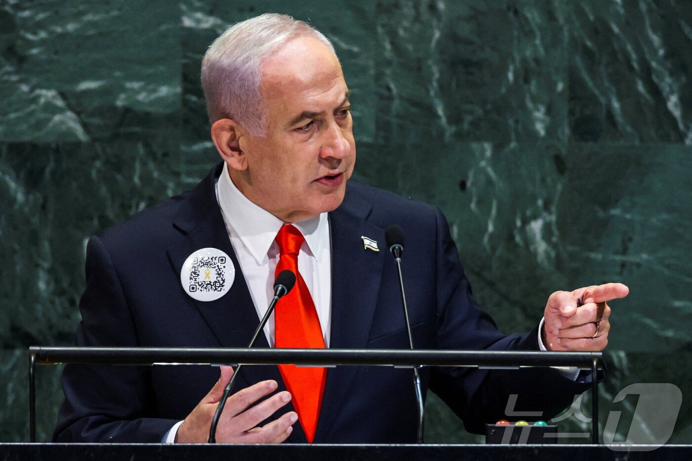 본문 이미지 - 베냐민 네타냐후 이스라엘 총리가 26일 미국 뉴욕 유엔본부에서 열린 제80차 유엔총회에서 연설하고 있다. 2025.9.26 ⓒ 로이터=뉴스1 ⓒ News1 강민경 기자