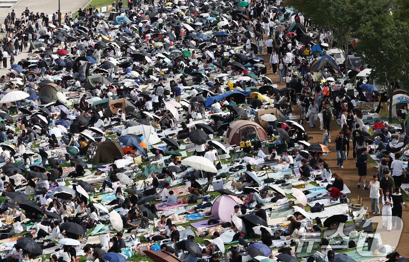본문 이미지 - 서울세계불꽃축제 2025가 열리는 27일 서울 여의도 한강공원에서 시민들이 돗자리를 펴두고 자리를 선점하고 있다. 2025.9.27/뉴스1 ⓒ News1 김민지 기자
