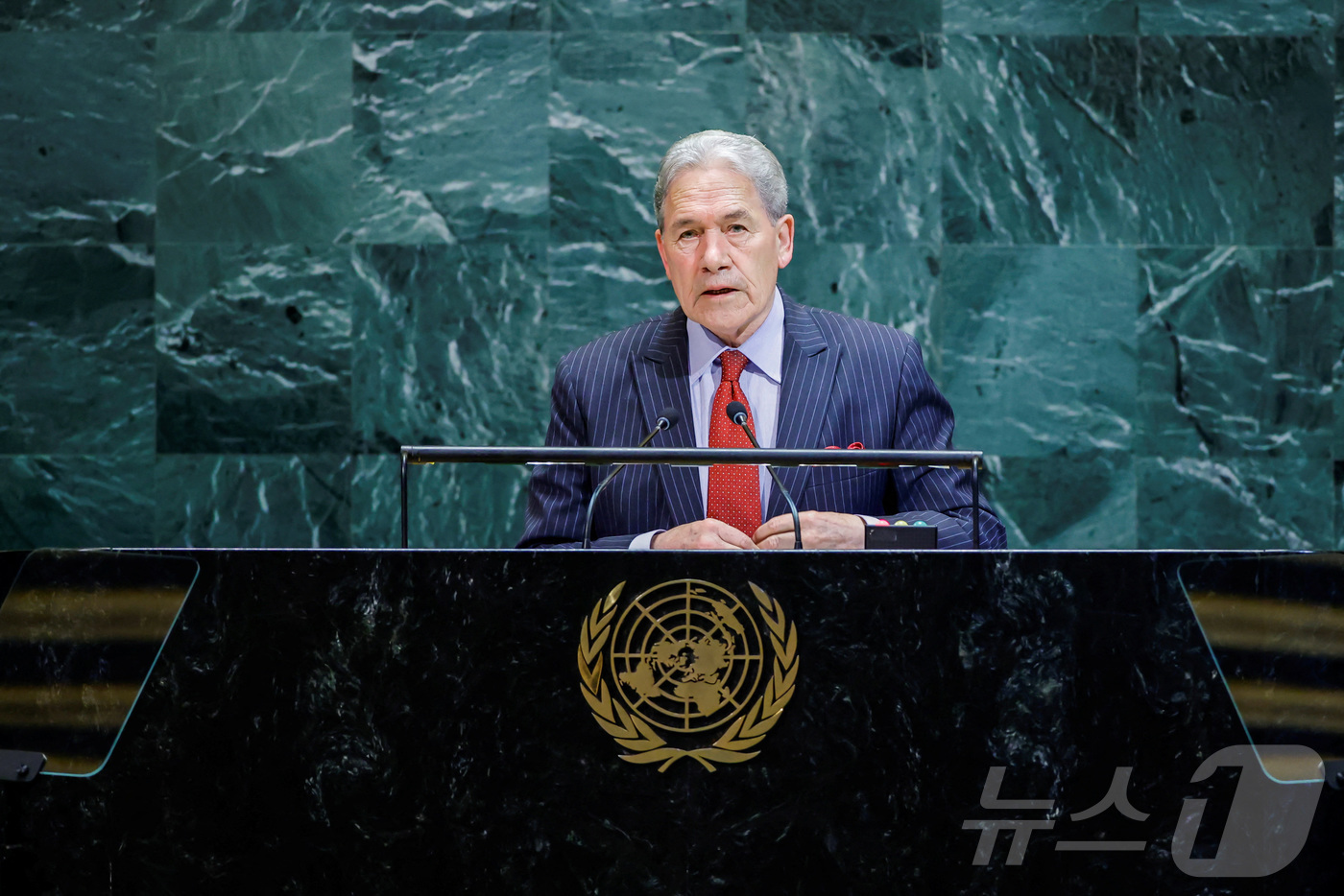 (뉴욕 로이터=뉴스1) 양은하 기자 = 26일(현지시간) 윈스턴 피터스 뉴질랜드 외교장관이 미국 뉴욕 유엔 본부에서 열린 제80차 유엔총회에서 연설하고 있다. 2025. 09. 2 …