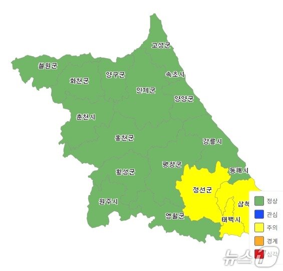 본문 이미지 - 환경부의 국가가뭄정보포털에 공개된 지난 27일 기준 강원도 생활용수 가뭄현황 그래픽. &#40;환경부 국가가뭄정보포털 갈무리. 재판매 및 DB금지&#41; 2025.9.28/뉴스1