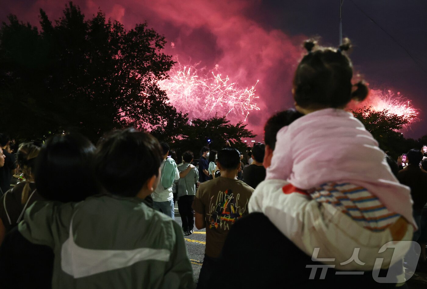 본문 이미지 - 27일 서울 여의도 한강공원 일대에서 열린 '2025 서울세계불꽃축제'에서 시민들이 화려한 불꽃쇼를 보고 있다. 2025.9.27/뉴스1 ⓒ News1 김민지 기자