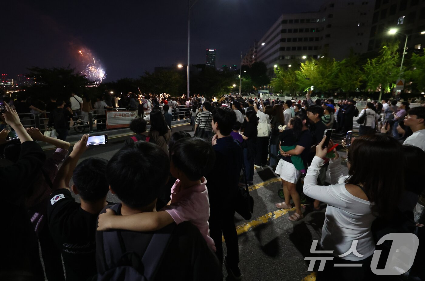 본문 이미지 - 27일 서울 여의도 한강공원 일대에서 열린 '2025 서울세계불꽃축제'에서 시민들이 화려한 불꽃쇼를 보고 있다. 2025.9.27/뉴스1 ⓒ News1 김민지 기자