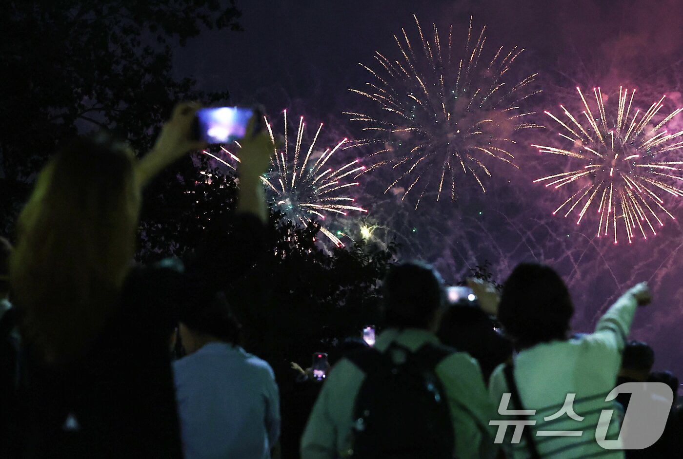 본문 이미지 - 27일 서울 여의도 한강공원 일대에서 열린 '2025 서울세계불꽃축제'에서 시민들이 화려한 불꽃쇼를 보고 있다. 2025.9.27/뉴스1 ⓒ News1 김민지 기자