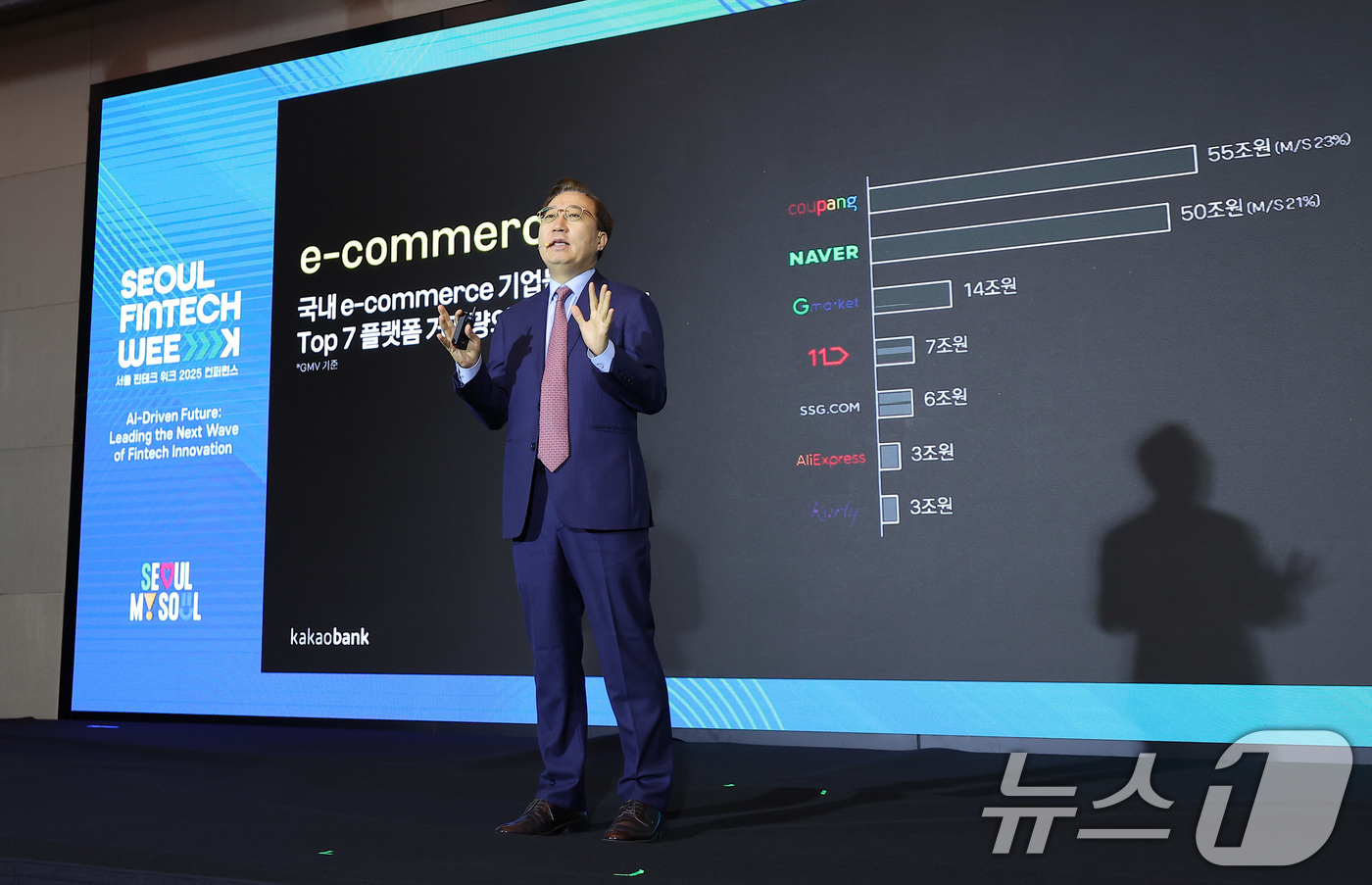 (서울=뉴스1) 김성진 기자 = 윤호영 카카오뱅크 대표이사가 29일 서울 영등포구 여의도 콘래드 호텔에서 열린 서울 핀테크 위크 2025 컨퍼런스 개회식에서 'AI가 변화시킬 일상 …