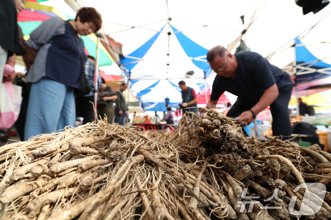 (성남=뉴스1) 김영운 기자 = 추석 연휴를 앞둔 29일 경기 성남시 중원구 모란민속5일장에서 시민들이 제수용품을 구매하고 있다. 2025.9.29/뉴스1